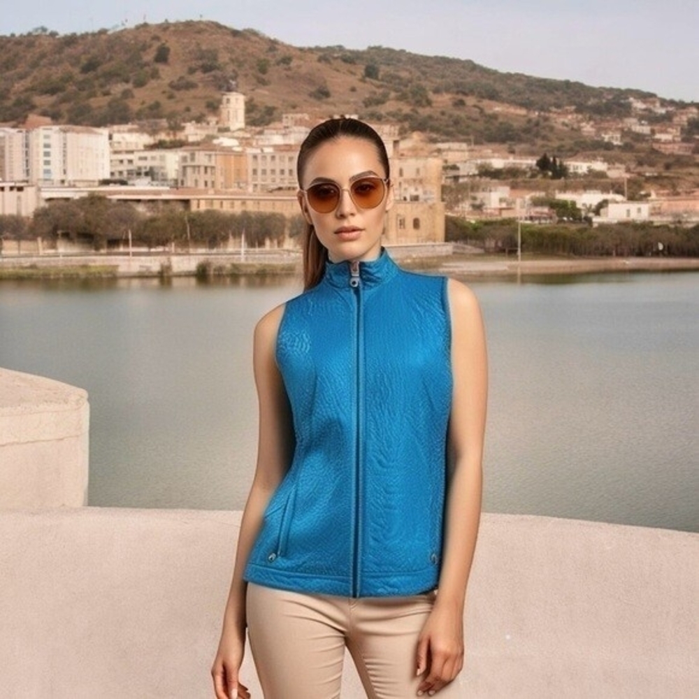 CHICO'S Womens Puffer Vest 2/L Teal Blue Sleeveless Zip Front Quilted Jacket VG